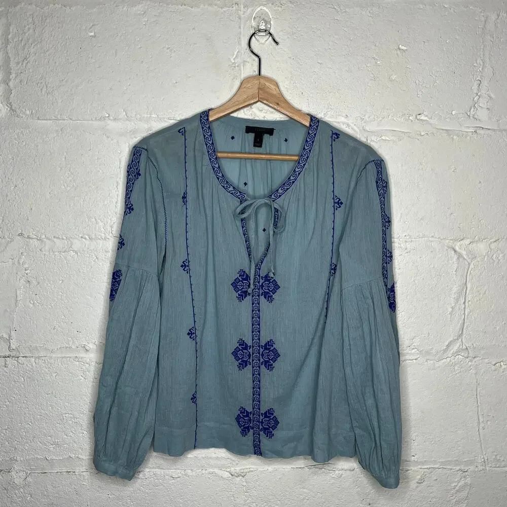 J. Crew Women's Blue Cotton Peasant Boho Tie‎ Blouse Size 2